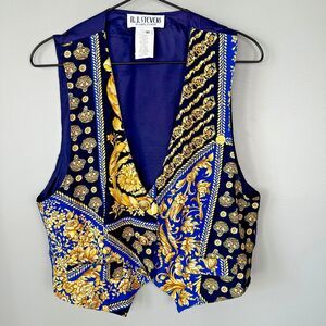 Vintage R. J. Stevens by Carol Escritor Navy & Gold Patterned Vest Womens Sz 10
